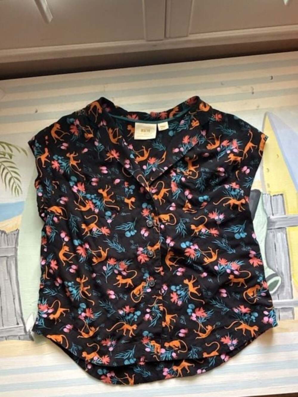 Maeve Anthropologie Black Jungle Monkey Print Short Sleeve Button-Down Shirt